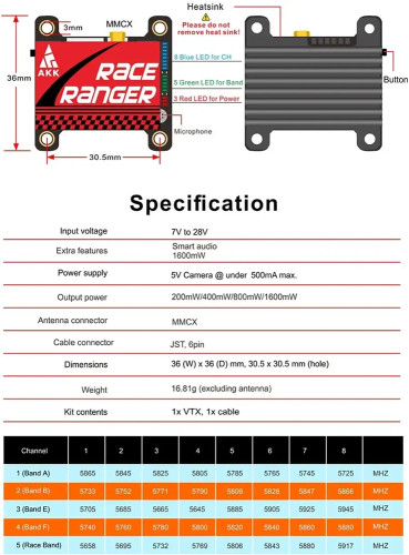 Відеопередавач AKK Race Ranger 5.8G Long Range Transmitter VTX